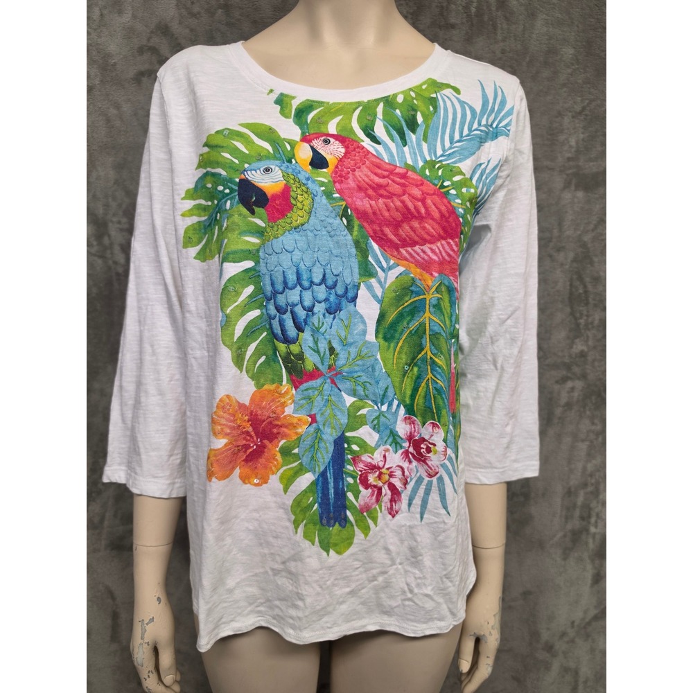 Tommy Bahama Womens White Tropical Parrot Sequin Organic Cotton Top Large